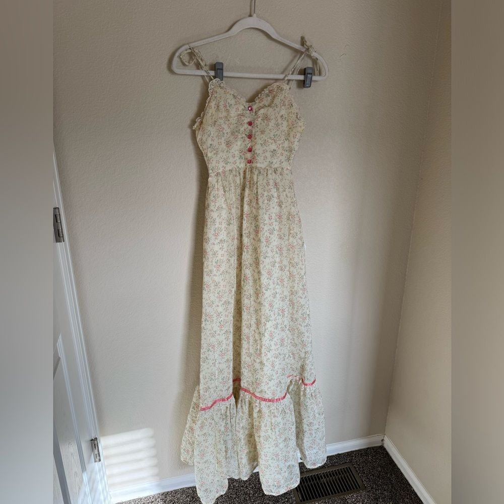Vintage 70s Candi Jones Ditsy Floral Sun Maxi Dress Sz XXS Strappy‎ Ties Yellow